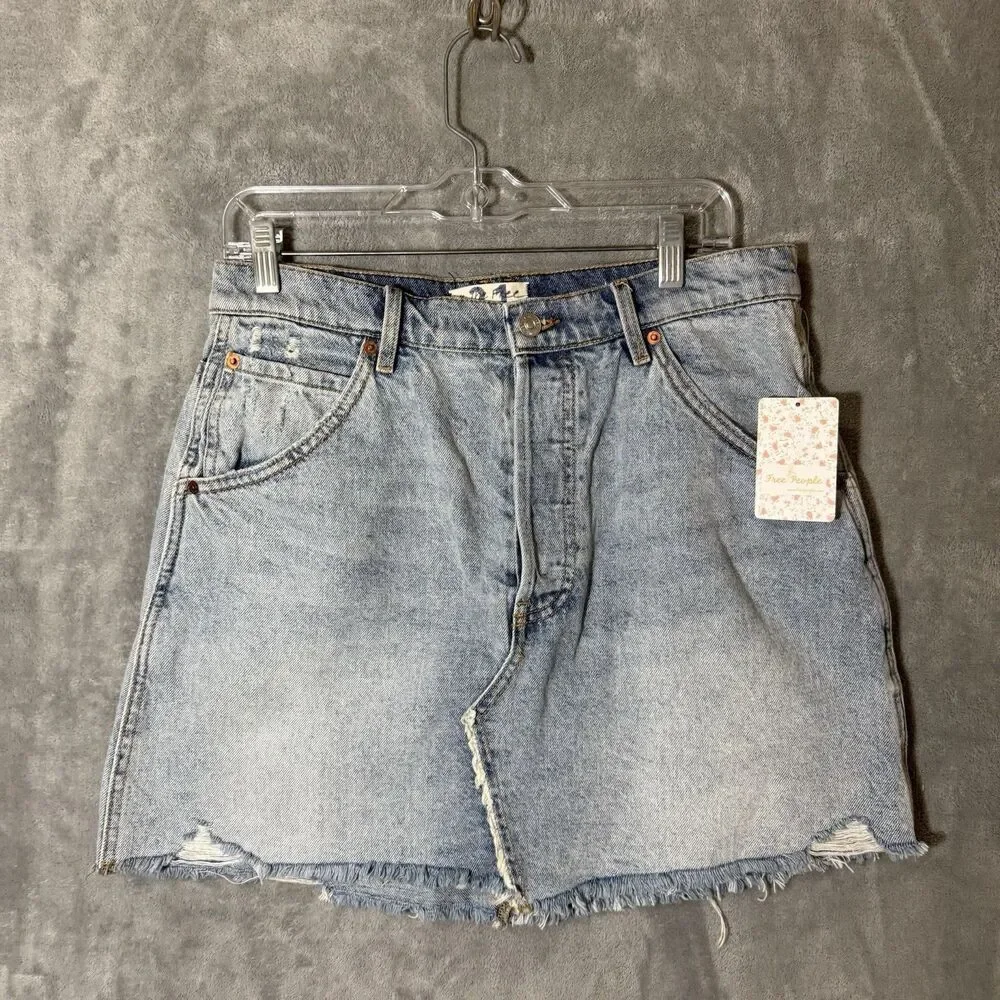 Free People Denim Skirt Sz 31 NWT Mile High Blue Distressed Raw Hem Mini Jean